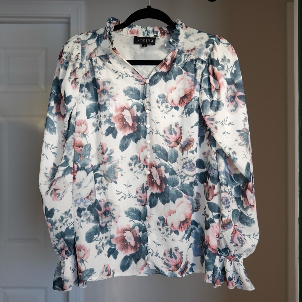 Floral Button Up Blouse with Ruffle Detail